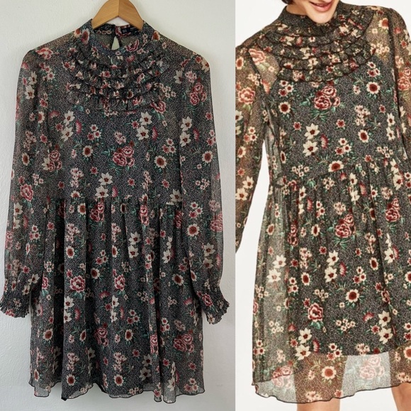 Zara Dresses & Skirts - Zara Basic Collection Floral Print Chiffon Ruffled Chest Semi Sheer Lined Dress